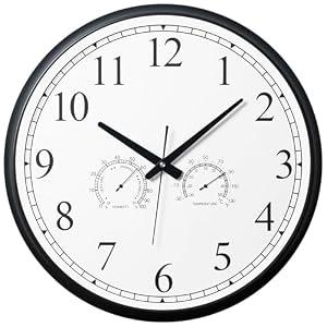 Clockswise Non-Ticking Quartz Wall Clock with Thermometer & Hygrometer Battery Operated Analog Clock for Temperature & Humidity Monitoring Ideal for Home Office School (Black Solid Frame, 18 Inch)