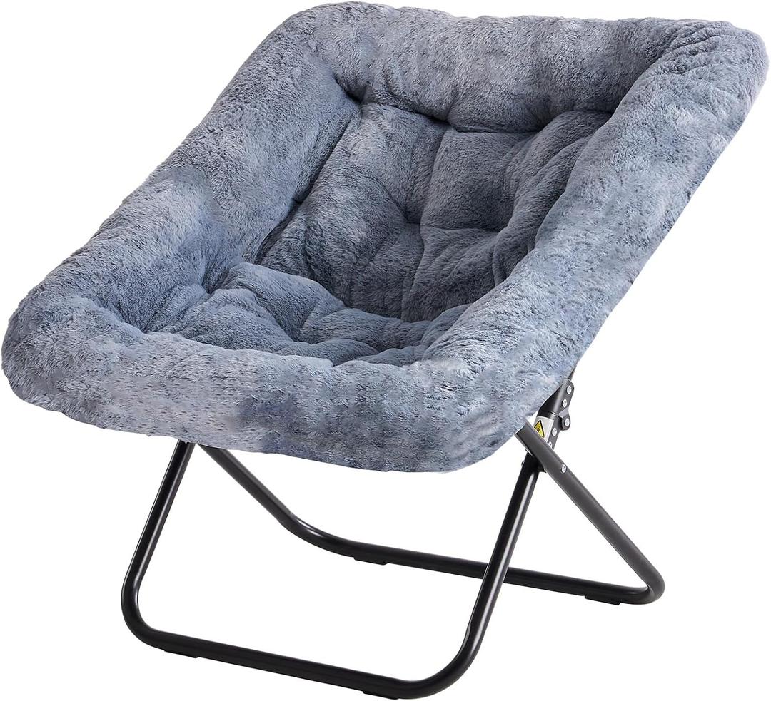 Simple Deluxe Oversized Square Moon Chair for Adults, Soft Faux Fur Folding Lounge Chair with Sturdy Steel Frame, Comfortable Reading Gaming Chair for Living Room, Bedroom, Grey, Square-30 Inches
