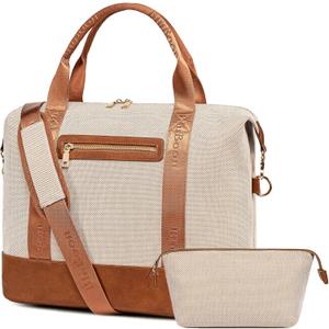 Bluboon Travel Tote Bags with Zipper Ladies Canvas Bag Weekender Overnight Bag for Women Carry on Duffel Bag Trolley Sleeve (Beige Checked Coir 2 Set)