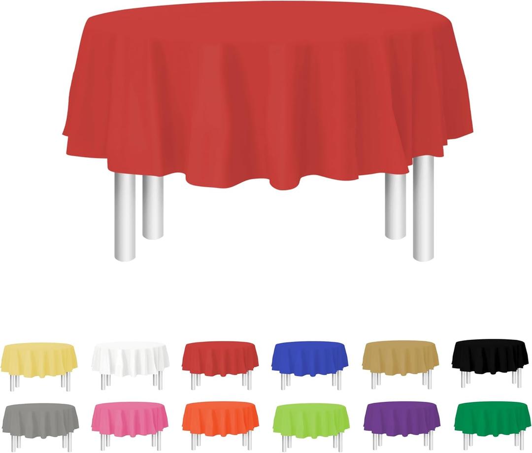 Party Dimensions Red Disposable Plastic Tablecloth for Round Tables (12 Pack) 84 inches Table Cloths for Parties, Events & Weddings, Indoors & Outdoors, Plastic Table Cover