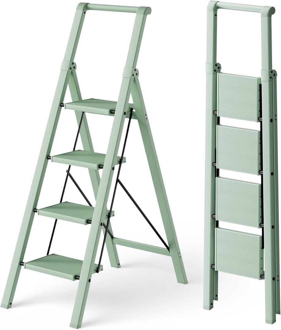 HillhutApex 4 Step Foldable Aluminum Step Ladder with Handgrip, Anti-Slip Pedal, 330 lbs Capacity, Lightweight & Portable for Home, Kitchen, Office, Garage (Pale Green)