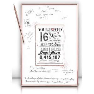 Framed Rose Gold Sweet 16 Birthday Decorations for Girl 12"X16" With Pen & Wall Hanger, 16th birthday decorations Party Favor Sign Poster, Guest Book Alternative, Great Sweet 16 Gifts for Girls