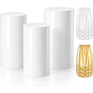 3 White PVC Cylinder Pedestal Stands with 6 Spandex Cloth Covers
23.6'' 21.6'' 19.7'' Cake Stand Display Plinths, Gold White Fabric Covers, Birthday Party Wedding Decoration