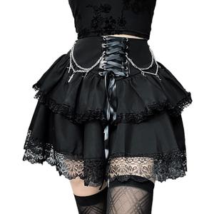 Skirts for Women Lace Up Double Layered Ruffles Skirts Gothic Punk Emo Skirt High Waist Skirt, Black, X-Large