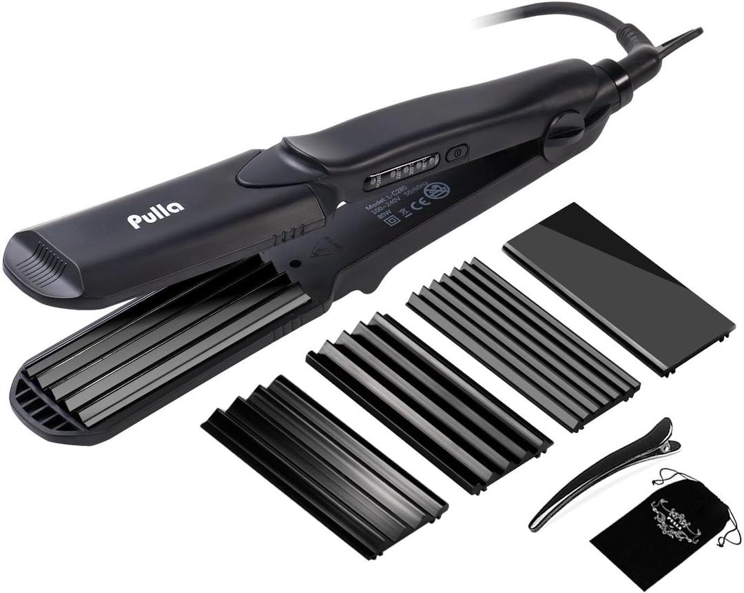 Pulla Hair Straightener and Crimper - 4 in 1 Tourmaline Ceramic Flat and Curling Iron for Hair Styling with Adjustable Temperature - Salon High Heat 320F - 430F for All Hair Types