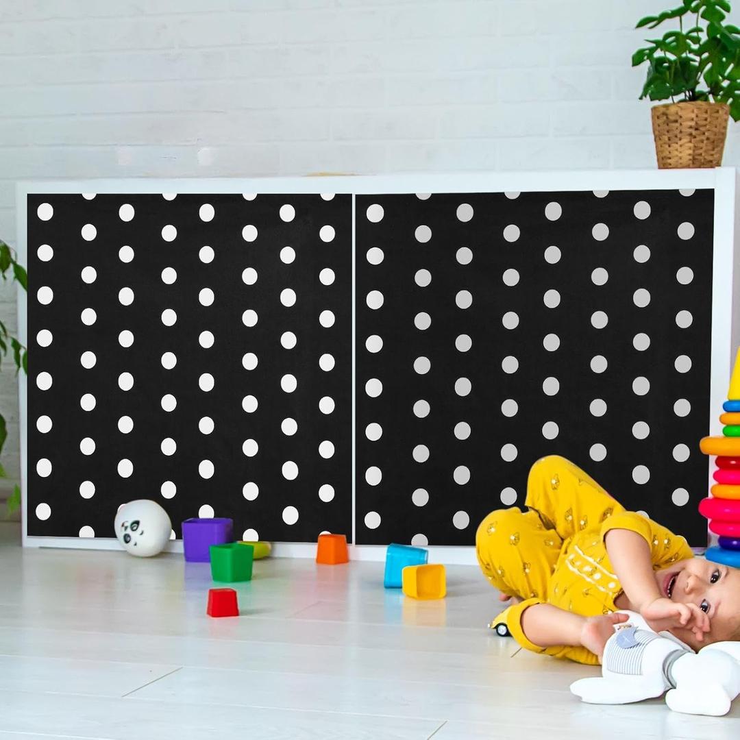 6 Pcs 6 Pcs Classroom Cabinet Curtains for Shelves 24.02 x 24.61 Inches Self Adhesive Curtains for School Kindergarten Daycare Primary School Classroom Playroom (Black White Polka Dots)