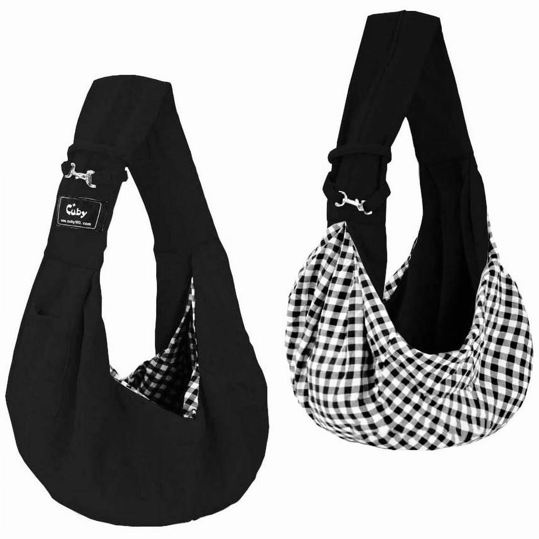 CUBY Dog and Cat Sling Carrier, Hand-Free Dog Carrier Slings with Adjustable Straps Pocker, Puppy Slings Carrier for Small Dogs Cats Outdoor Travel Bag (Black, M-Adjustable Strap)
