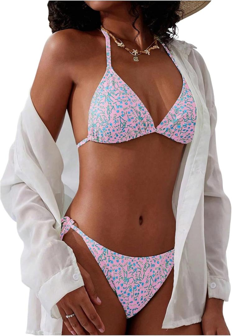 SOLY HUX Women's Floral Halter Swimsuit Tie String Cheeky Bikini Set High Cut Bathing Suits 2 Piece (Large)