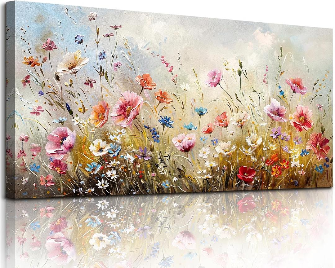 crmotu Large Wall Art for Living Room, Flower Market Botanical Prints, Floral Nature Decor Canvas Pictures, Meadow Wildflower Rustic Home Decorations, Modern Bedroom Farmhouse Wall Decor 24"X48" (Colorful Flower Sea)