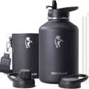 Coolflask 64 oz Water Bottle Insulated with PU Leather Sleeve, Half Gallon Water Bottle Color Contrast with Straw Lids, Stainless Steel Metal Large Water Jug, Keep Cold 48h Hot 24h,Polar Black