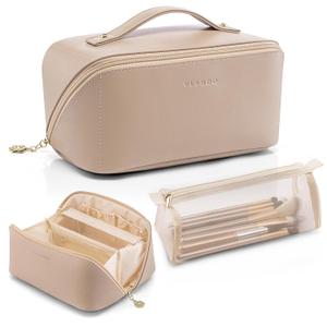 Vlando Makeup Bag,Gifts for Teachers,Large Capacity Toiletry Bag for Women Waterproof Portable Make up Pouch PU Leather Open Flat Cosmetic Bag(Toffee)