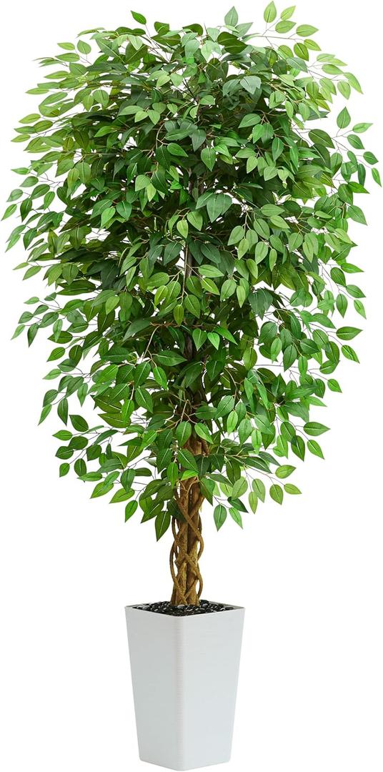 Artificial Ficus Tree 6FT Faux Floor Tree with Planter UV Resistant Potted Fake Silk Plant - Indoor Outdoor Lifelike Fake Ficus Tree for Home, Living Room Bedroom Topiary Tree (White)