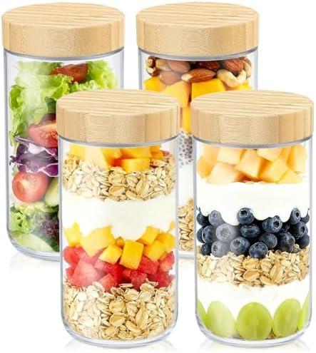 DRKIO 24 Oz Overnight Oats Containers with Bamboo Lids - 4 Pack Glass Storage Jars with Airtight Lids Wide Mouth Mason Food Jars Great for Meal Prep Salad Chia Pudding Snacks Yogurt Sugar Spice