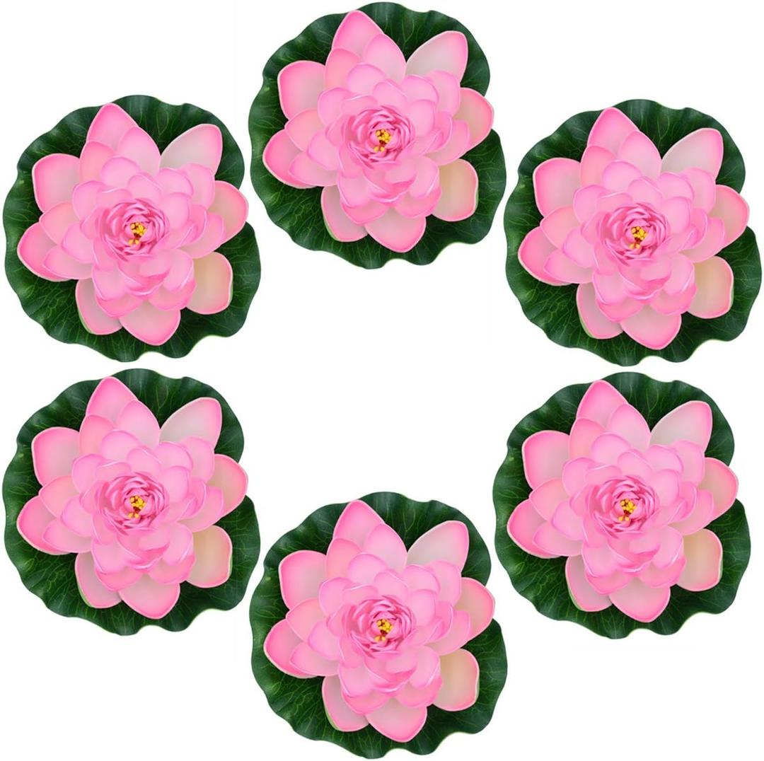 7 Inches Artificial Lifelike Floating Foam Lotus Flower Water Lily for Garden Pond Decor, Set of 6 (Pink)