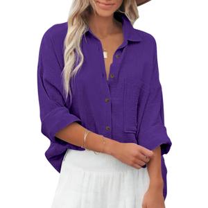 Diosun Womens Casual Button Down Shirts V Neck Long Sleeve Cotton Loose Fit Plain Work Blouse Tops with Pocket (Purple, M)