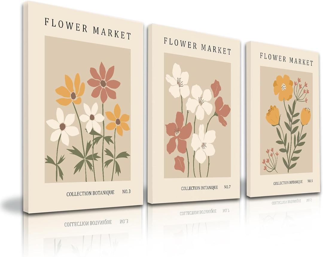 Botanical Flower Wall Art Decor Set Of 3 Floral Wall Art, Rustic Floral Pictures Vintage Neutral Canvas Wall Art, Minimalist Wall Posters for Living Room Bedroom Framed 16"X24"