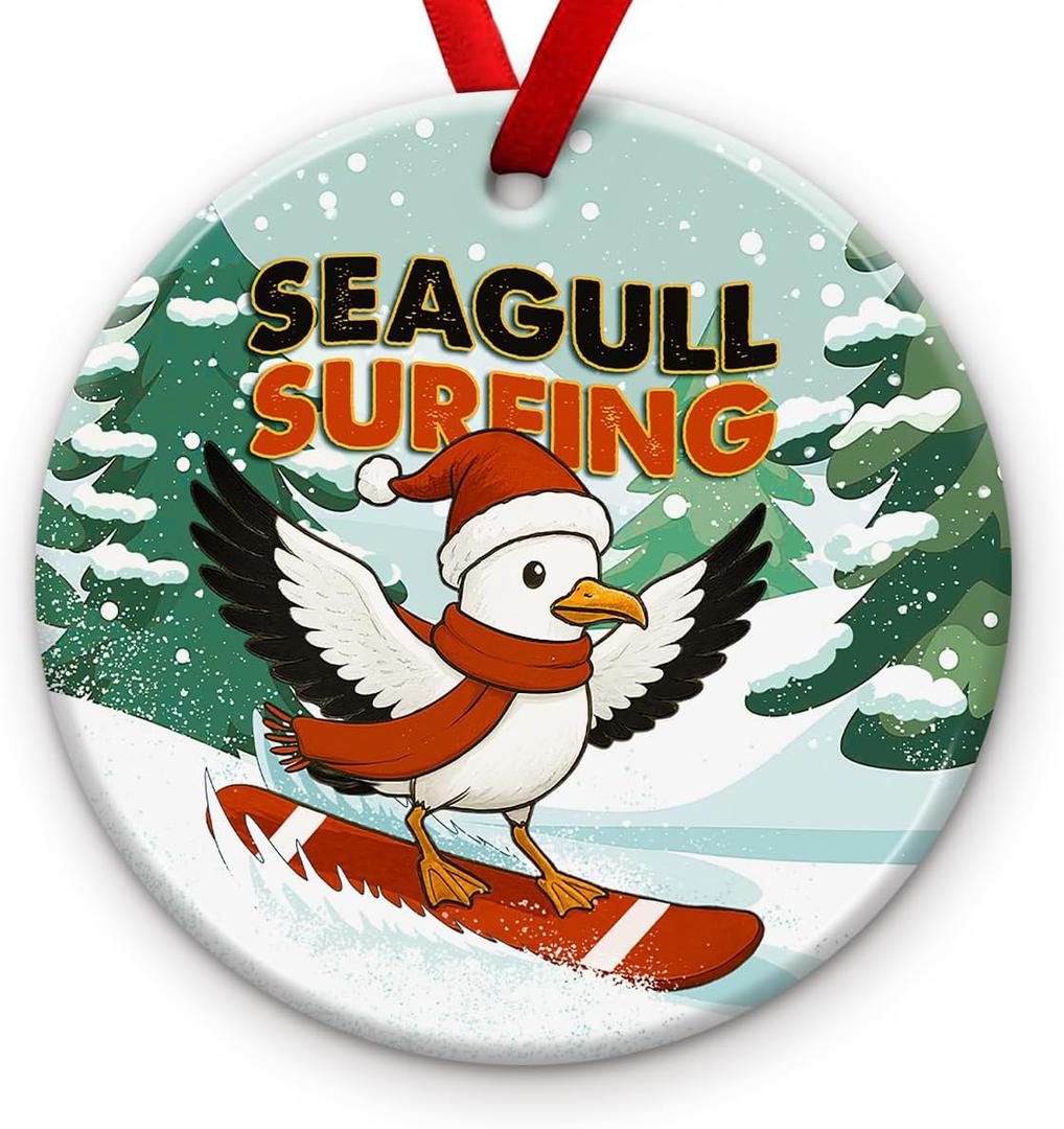 2 x Seagull Surfing Ornament 2025 - Animal Snow Surfing Ornament, Winter Holiday Decor - Bird Hanging Keepsake, Beach Themed Christmas Tree Decoration, Funny Xmas Gift Ideas for Seagull Lovers