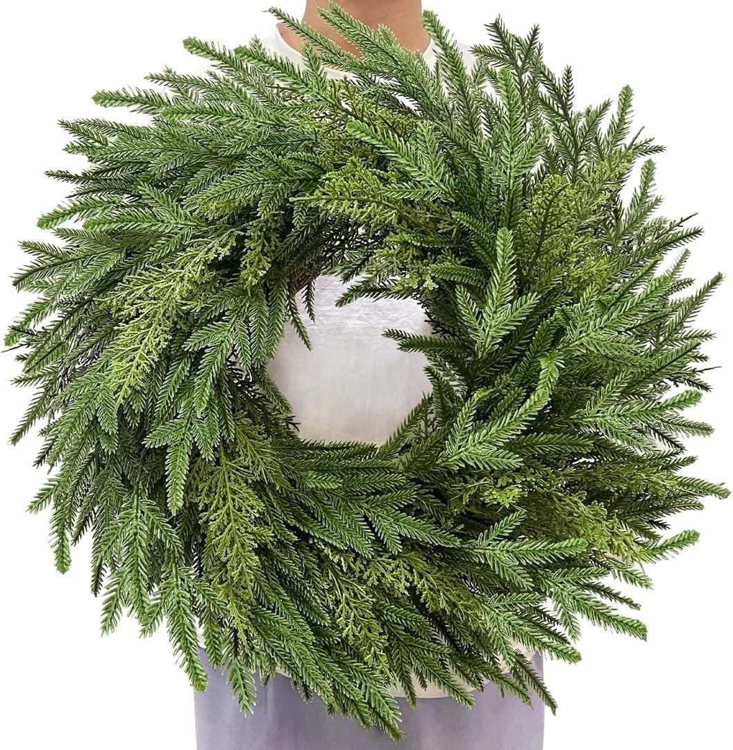 Thicker&Lush - 24 Inch Real Touch Christmas Norfolk Pine Wreath, Artificial Christmas Wreaths for Front Door Realistic Soft Mixed Pine&Cedar Wreath Green Fake Pine for Window Indoor Outdoor Xmas Decor