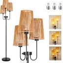 Boho Floor Lamp, Dimmable Farmhouse Floor Lamp with 3 Elegant Rattan Cage Shade and 7W LED Bulbs, 65" Rustic Tree Tall Lamp Black Standing Lamps for Living Room Bedroom,Office,Corner