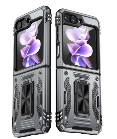 JUMIUSTNB Compatible with Samsung Galaxy Z Flip 5 Case with Slide Camera Cover,Built-in 360° Rotatable Ring Stand,Heavy Duty Protection TPU Bumper Hard Case for Samsung Galaxy Z Flip 5,Grey