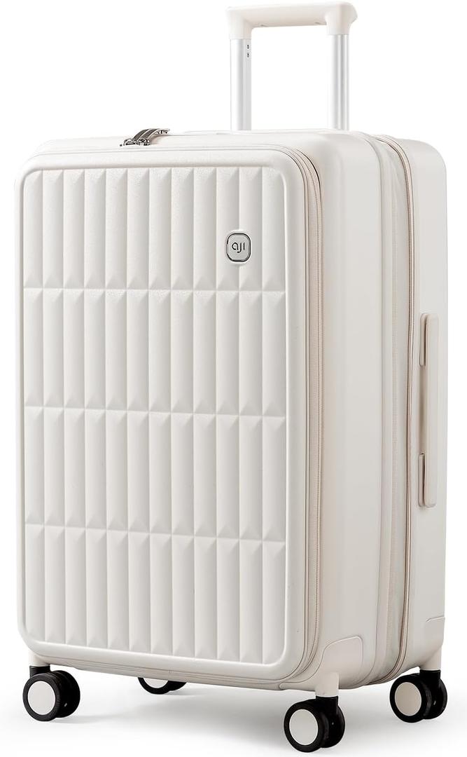 aji Expandable Top Open 26 Inch Checked Luggage with Spinner Wheels, Large Suitcase with TSA Lock, Hardside Travel Luggage Suitcases for Men Women, for 24+Days Travel, Coconut White