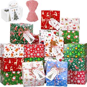 Maxcheck 100 Pack Christmas Cookie Boxes with Window - 4 x 4 x 2.5 Inches Treat Boxes for Bakery, Candy, Party Favors - Includes Twine and Gift Tags