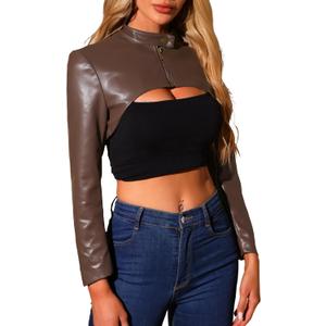 Allegra K Women's Faux Leather Cropped Top Stand Collar Zipper Front Moto Biker Long Sleeve Jacket Coat (Brown, L)