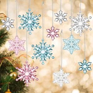 45 Pcs Christmas Acrylic Snowflake Ornaments 3 Styles Pink and Blue Frozen Crystal Christmas Tree Decoration Clear Plastic Xmas Tree Pendant for Winter Snow Theme DIY Decorations