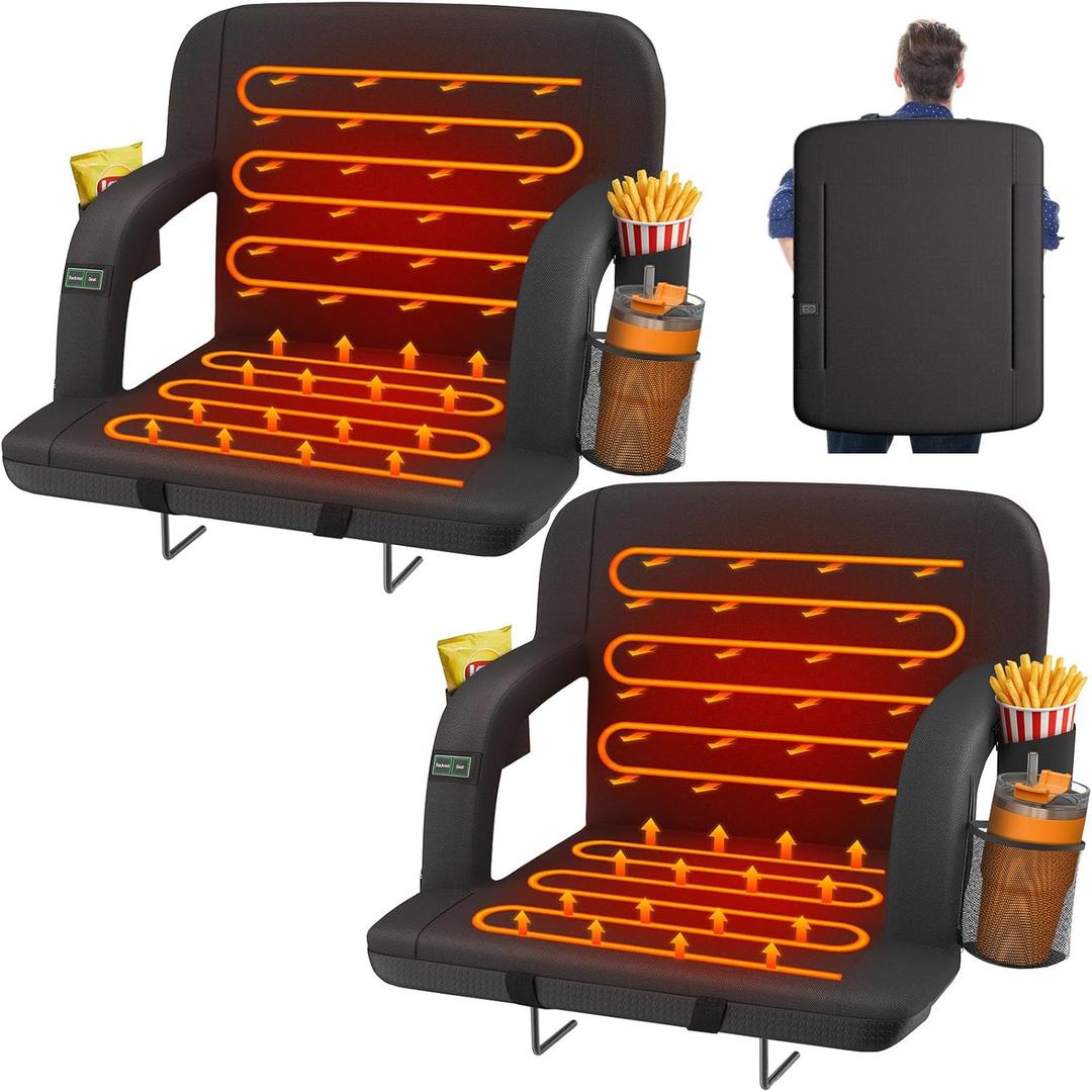 HOPERAN 21" 2pcs Dual-Sided Heated Stadium Seats for Bleachers with Back Support, 3 Levels Heating Stadium Seating for Bleachers Seat with Backrest, 5 Pockets Portable Stadium Chair for Outdoor (Black)