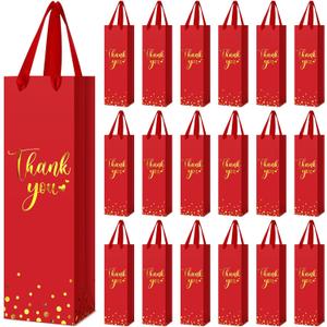 Ctosree 30 Pcs Wine Gift Bag for Bottle Wedding Thank You Favor Bag Metallic Gold Foil Print Kraft Wine Paper Bag with Rope Handle for Birthday Bridal Baby Shower Housewarming Party(Red)