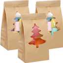 Harloon 48 Pcs Small Christmas Bakery Bags with Window 3.54 x 2.36 x 6.69 Inches Xmas Kraft Paper Iron Wire Tie Tab Lock Bags for Bakery, Cookie, Coffee Bean, Candy, Snack