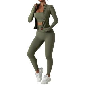 Women’s 3 Piece Workout Set – Sports Bra, Leggings & Jacket with Thumbholes – Yoga Outfit Activewear for Gym Running Training Size S