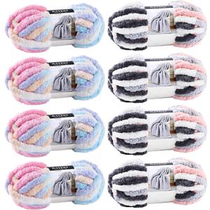 Chunky Chenille Yarn for Hand Knitting 8 Jumbo Pack Jumbo Chunky Yarn for Hand Soft Blanket Knitting, Bulky Thick Fluffy Yarn for Crocheting (Marshmallow Color+Kitten Color)