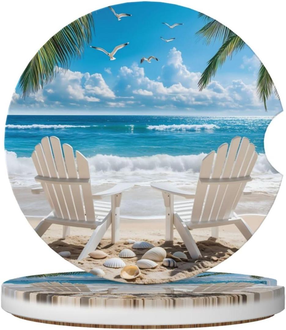 2 Pcs Car Coasters for Cup Holders,Beach Scene Tropical Cup Holder Coasters for Car,Ceramic Absorbent Coaster with A Finger Notch & Cork Base,Cars Interior Accessories for Women Men 2.56"