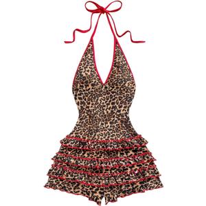 Milumia Women's Leopard Print Sleeveless Halter Romper Y2K Contrast Binding Shorts Jumpsuit M