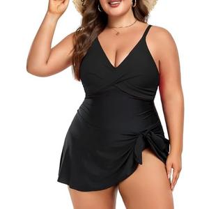 MFAVIP Women Plus Size Swim Dress Tummy Control One Piece Swimsuit V Neck Wrap Full Coverage Bathing Suit Cute Tie Knot XL