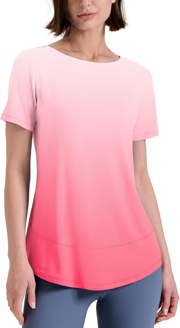 Kistore Workout Tops for Women Short Sleeve Boat Neck Loose Fit Gym T-Shirt Athletic Casual Tee Shirts (Pink, XL)