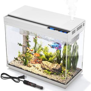 Aquarium, 2.4 Gallon Betta Fish Tank with Heater, Humidifier 3 in 1 Pump - Filteration & Oxygenation & Circulation, Temperature Display, HD Glass, Timed 7-Color Lights
