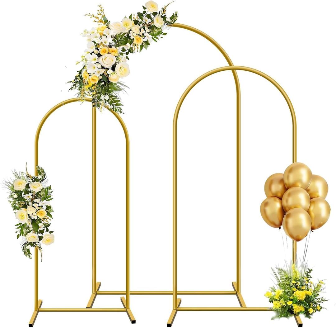 YAYOYA Metal Arch Backdrop Stand, Set of 3 (4ft / 5ft / 6ft) Gold Arch Backdrop with 12 Ground Nails, Stable Arched Background Stand for Wedding, Baby Shower, Birthday Party, Photography