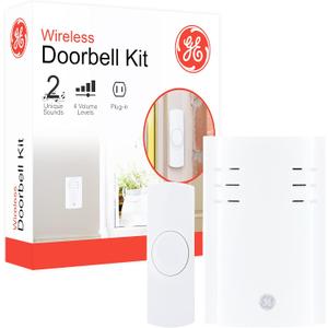 GE Wireless Doorbell Kit, Plug-In Receiver, 1 Push Buttons Door Bell, 2 Melodies Doorbell Chime, 4 Volume Levels, Classroom Doorbell, 150 Ft Range, White, 19298