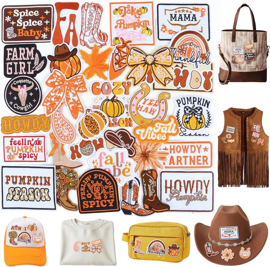 Meneng Fall Iron On Patches for Clothing: 32 Pack Autumn Pumpkin Leaves Embroidered Patches for Jackets Hats Backpacks - Western Thanksgiving DIY Decor