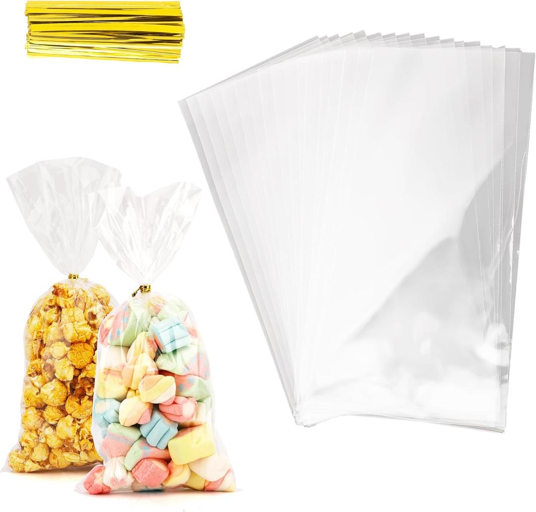 Leislam Cellophane Treat Bags, 100 PCS Clear Cellophane Bags, Plastic Cello Candy Cookies Goodie Gift Bag with 100 PCS Gold Twist Ties for Graduation Spring Birthday Party Favors Supplies 5x11 Inch