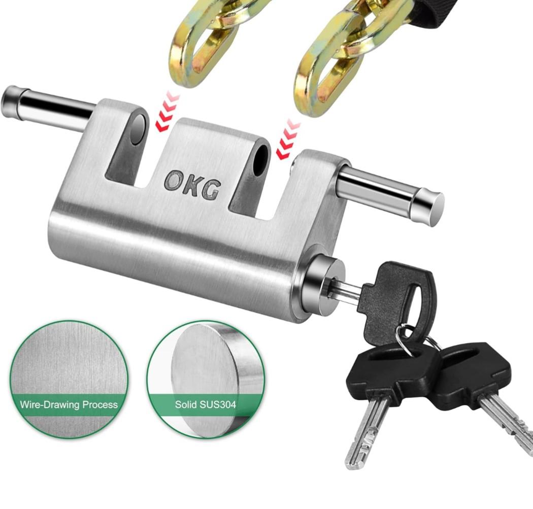 OKG Ultra Secure Stainless Steel Lock - Heavy Duty Solid Cast Padlock - 3 Keys, 2 Rods, 7/16" Shackle, Push Cylinder, Rust Proof Outdoor Lock - Combo Security Chain for 2-Wheeled Vehicle (No Chain)