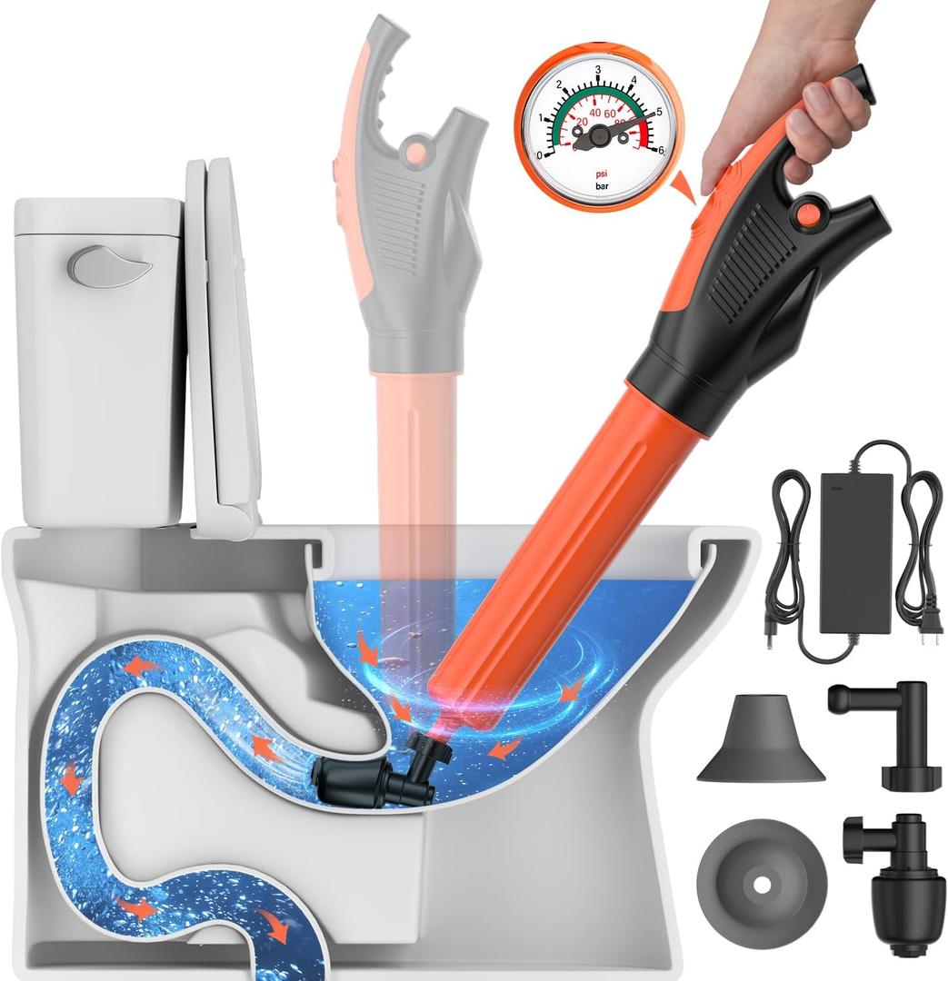 Electric toilet plunger,Toilet Auger with Pressure Gauge, Electric Drain Snake for Clogged Toilet, High-Pressure Toilet Auger, plungers for bathroom,Pneumatic Toilet Auger Tool