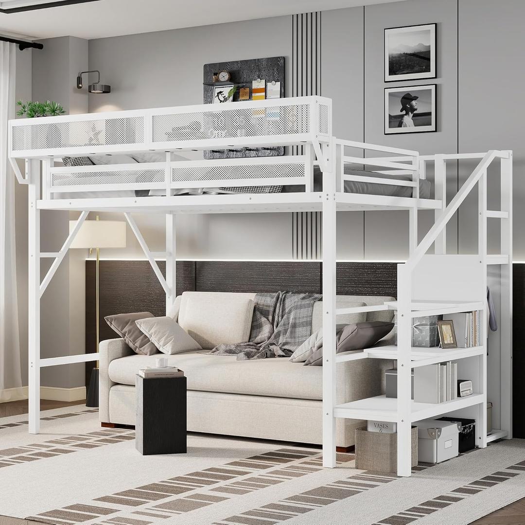 KEIKI Twin XL Size Metal Loft Bed Frame with Convertible Staircase, Built-in Storage Shelves & Wardrobe, Loft Bed with Solid Slat & Guardrail, No Box Spring Required, Easy Assembly, for Bedroom, White