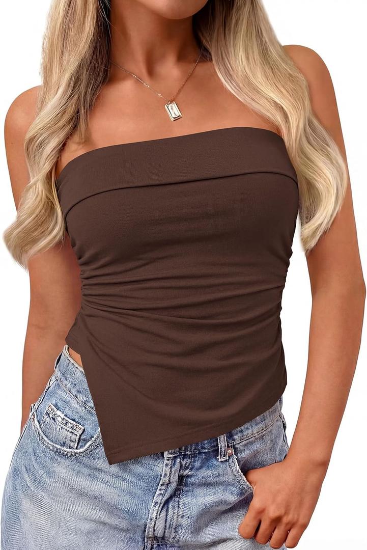 PRETTYGARDEN Going Out Tube Tops for Women Trendy Summer 2026 Asymmetrical Ruched Strapless Bandeau Shirts Spring Clothes (Large, Brown)