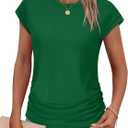 SAMPEEL Womens Summer Tops Trendy 2025 Ruched Cap Short Sleeve Tshirts Shirts Crew Neck T Shirts Fashion, Medium