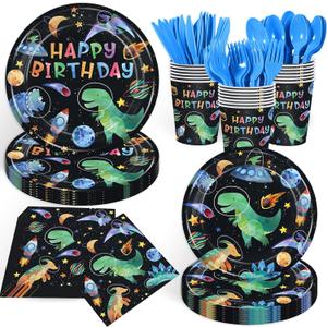 168PCS Space Dinosaurs Astronauts Party Supllies for Boys Cartoon Dino Birthday Party Decorations Dinosaur Planet Plates Cups Napkins for Kids Baby Shower Dino Lover-24 Guests
