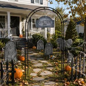 Lounsweer 2 Pcs Halloween Cemetery Archway, Black Metal Garden Arch Set, 7.6 x 6.4 ft