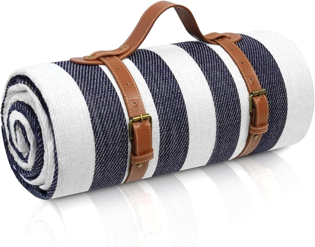 sapsisel 80x 80 Picnic Blanket Extra Large, Waterproof and Foldable Beach Blanket, 3-Layer Outdoor Blanket for 6 to 8 Adults, for Camping, Park, Beach, Grass, Indoors (Blue & White)